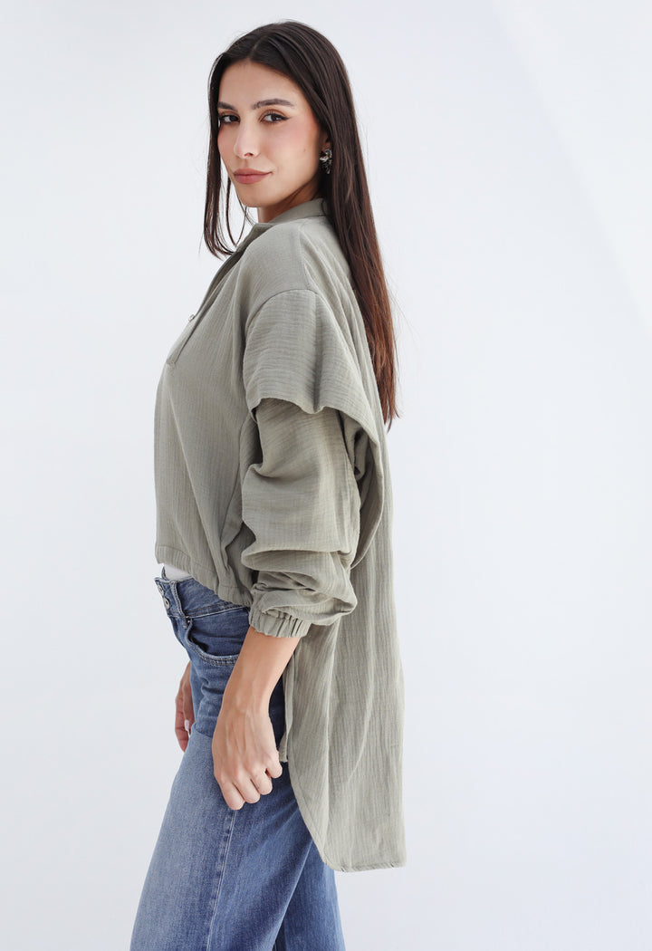High-low Zipper Shirt  - Olive