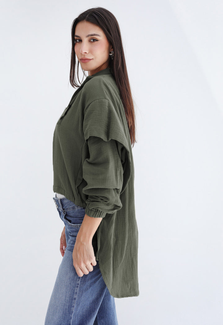 High-low Zipper Shirt  - Olive
