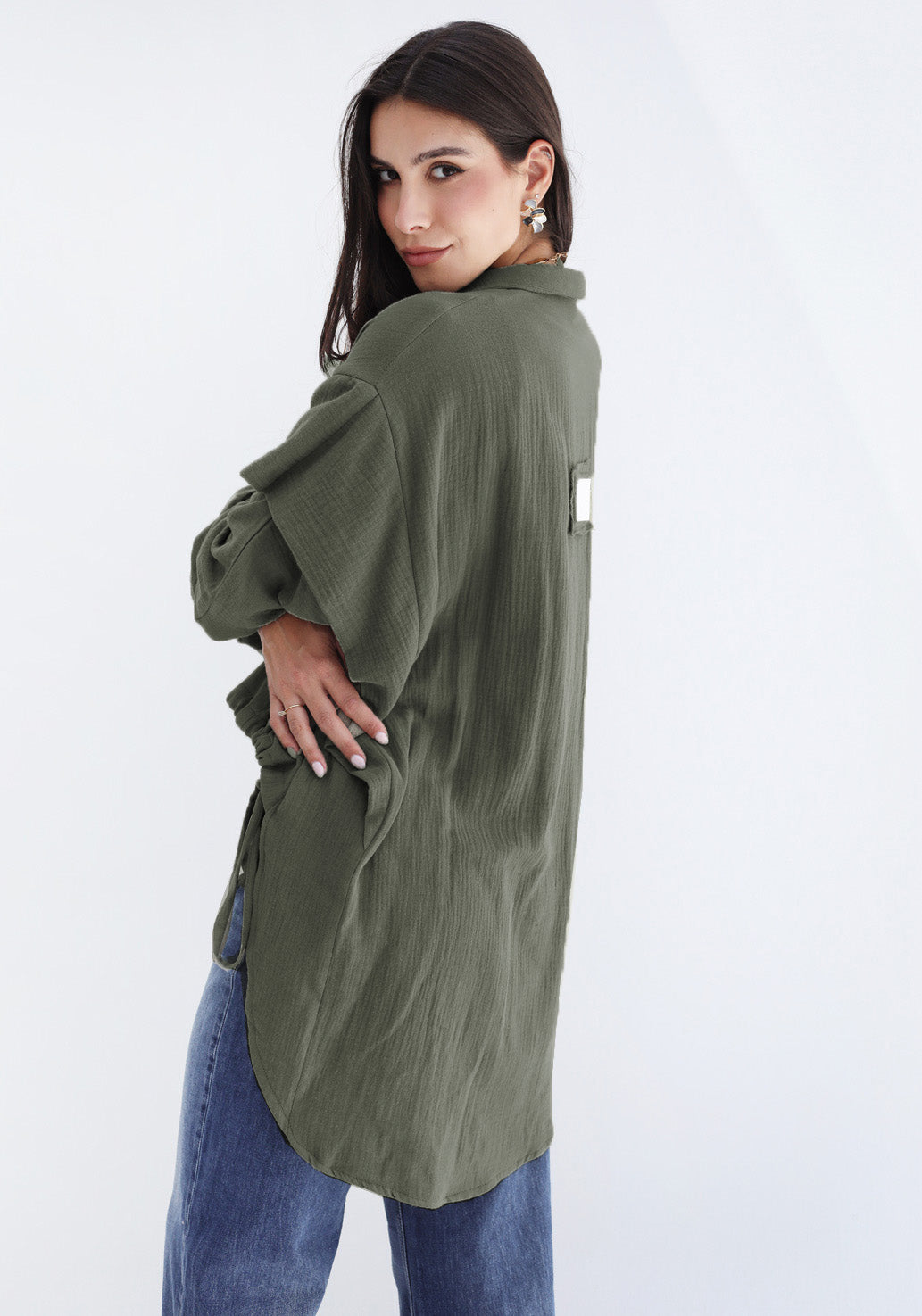 High-low Zipper Shirt  - Olive
