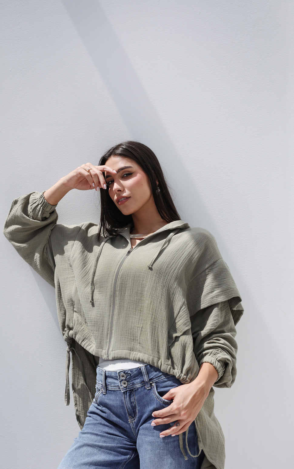 High-low Zipper Shirt  - Olive