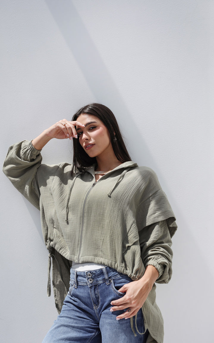 High-low Zipper Shirt  - Olive