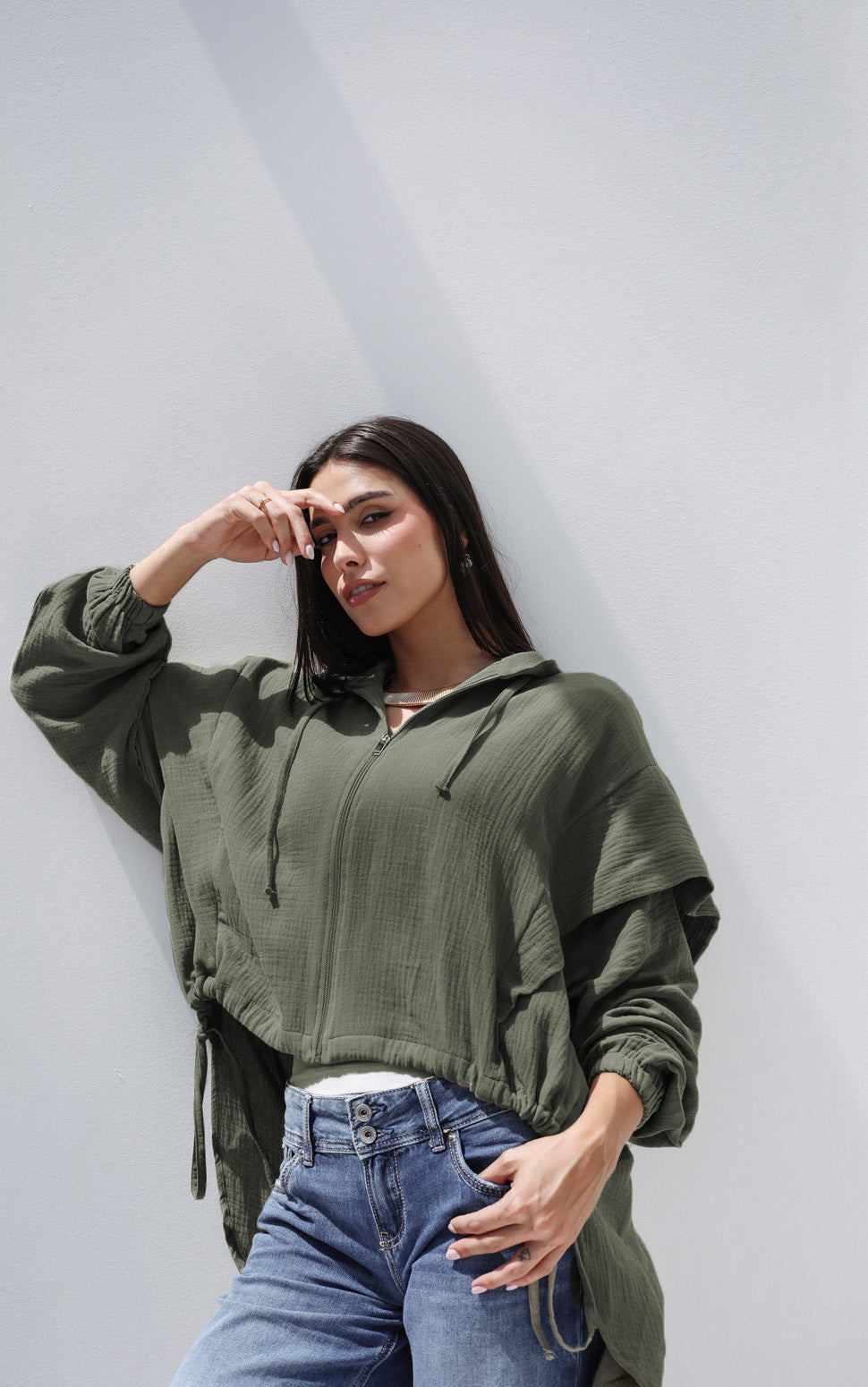 High-low Zipper Shirt  - Olive