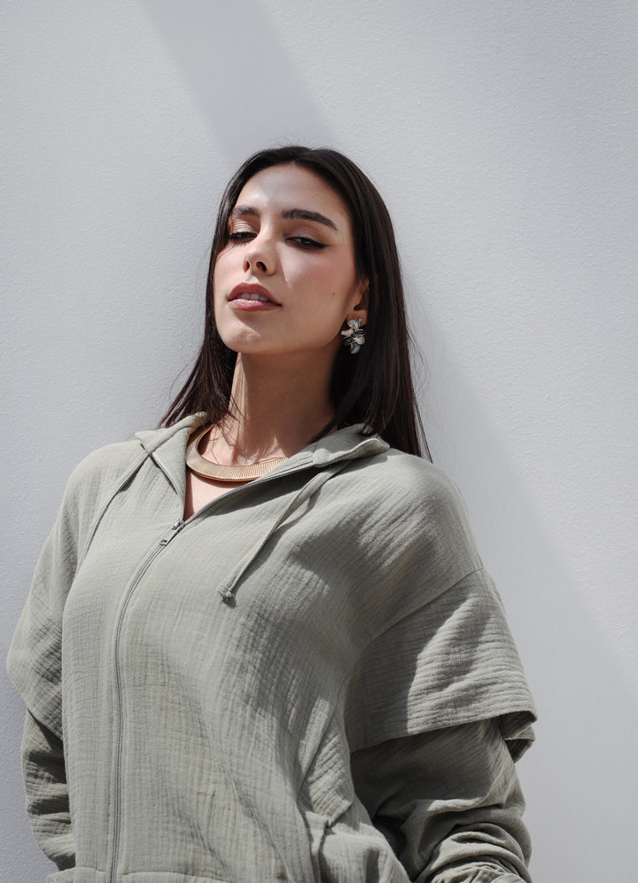 High-low Zipper Shirt  - Olive