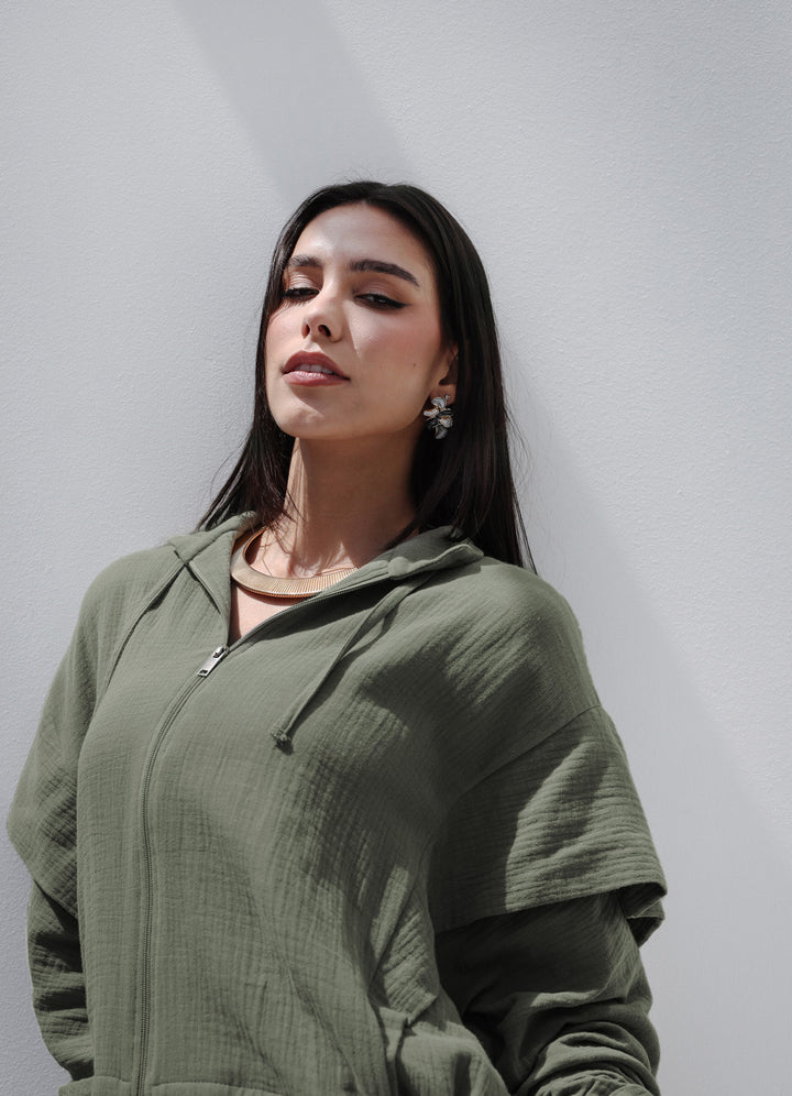 High-low Zipper Shirt  - Olive
