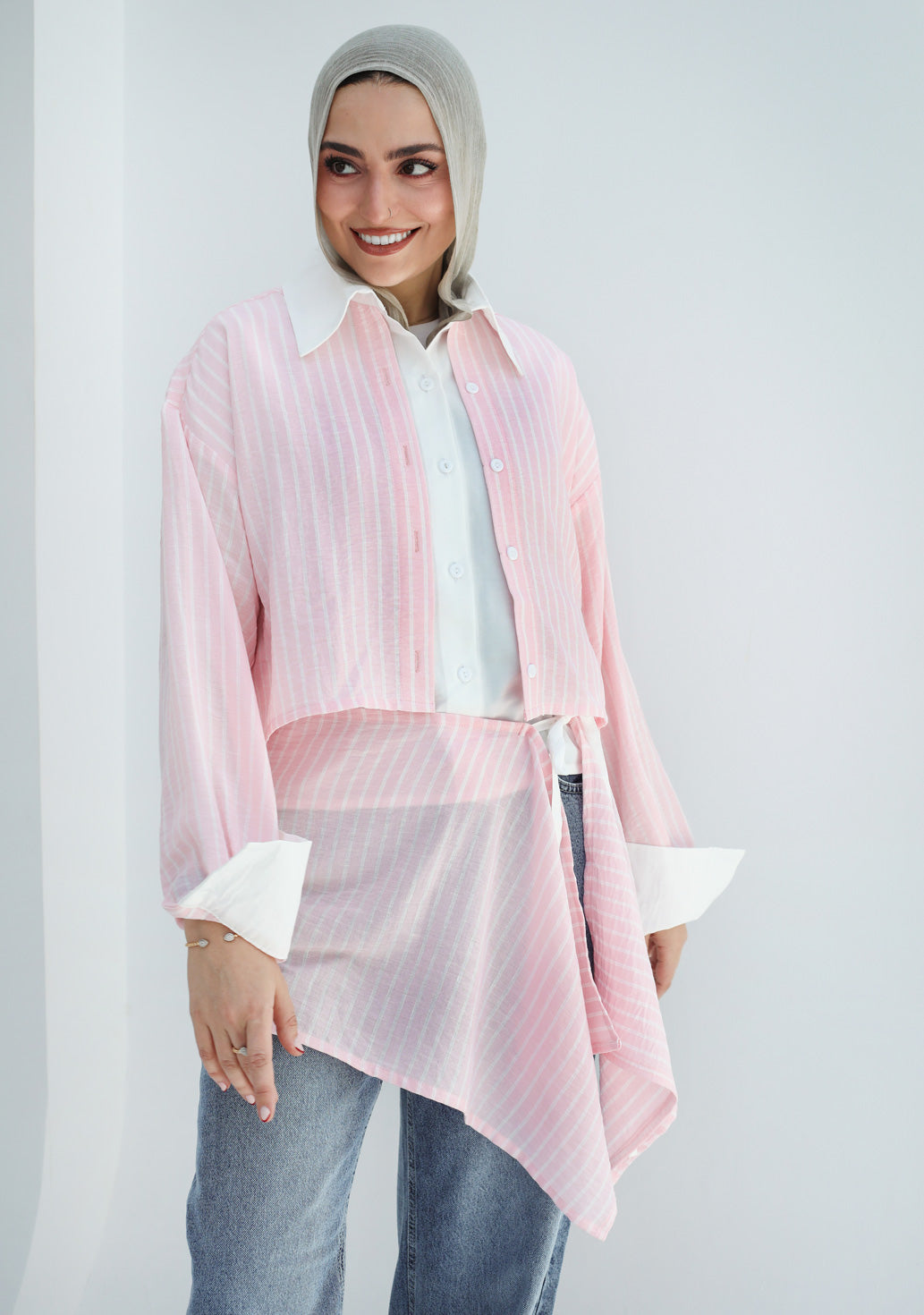 Dual Form Striped Shirt - Pink