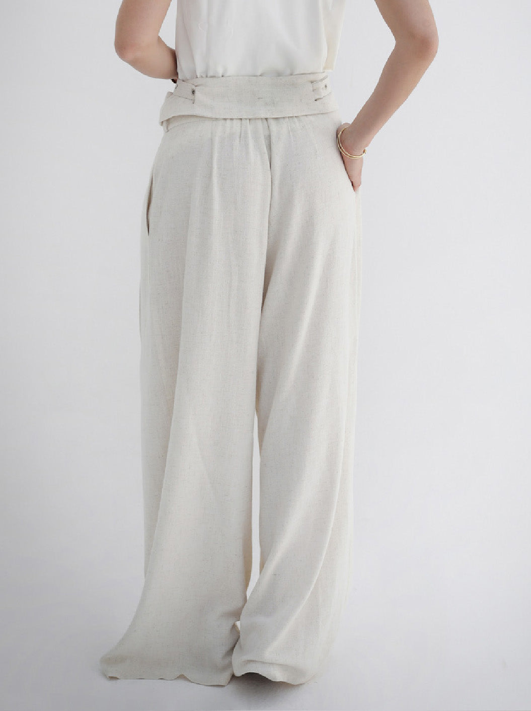 Eyelets Linen Pants -Beige