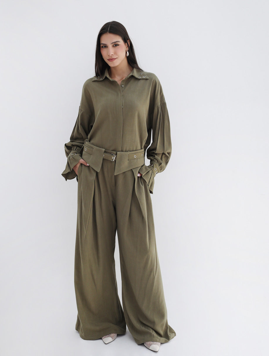 Eyelets Linen Set - Olive
