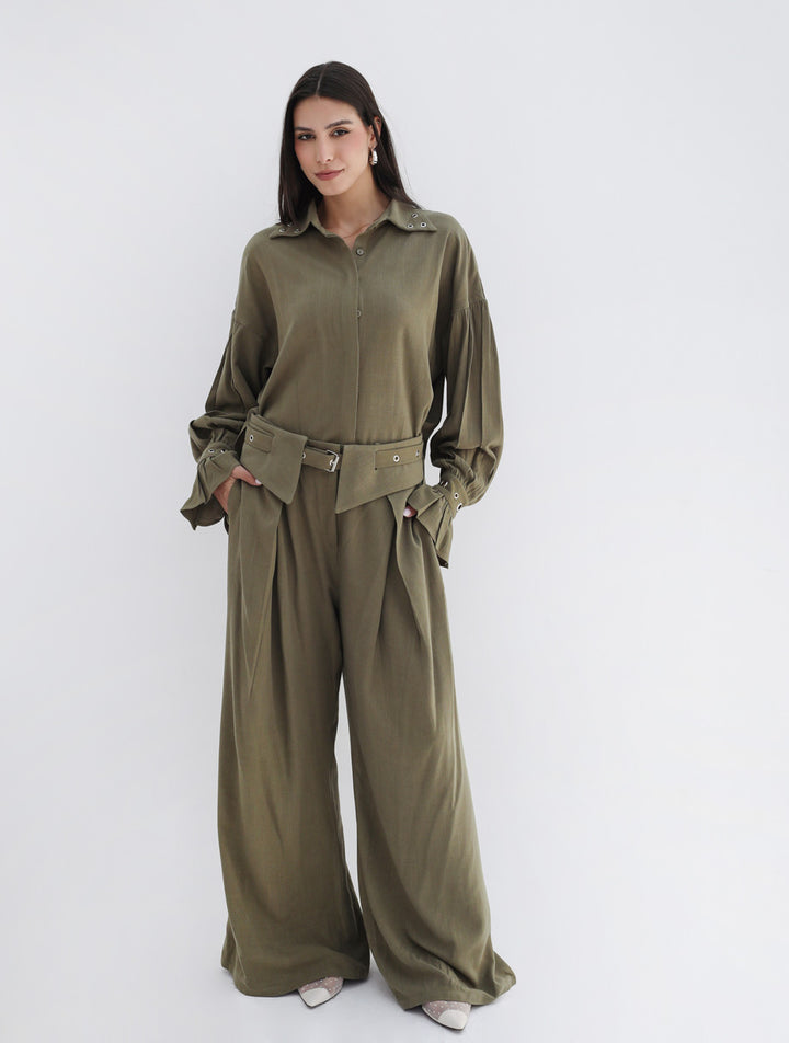 Eyelets Linen Set - Olive