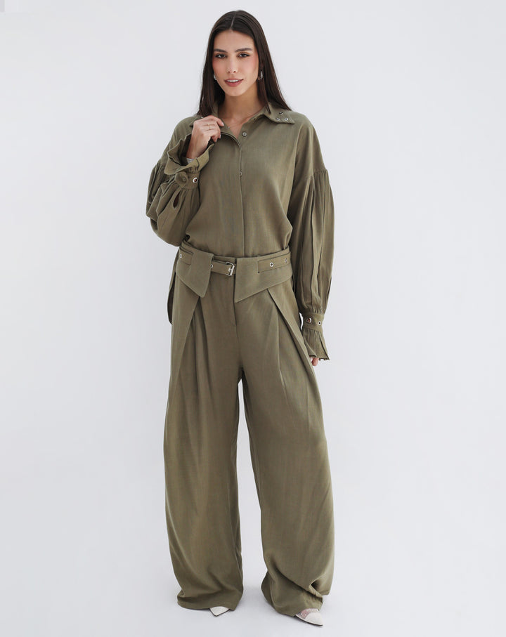 Eyelets Linen Set - Olive