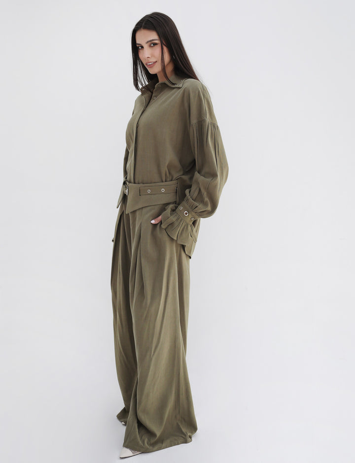 Eyelets Linen Set - Olive
