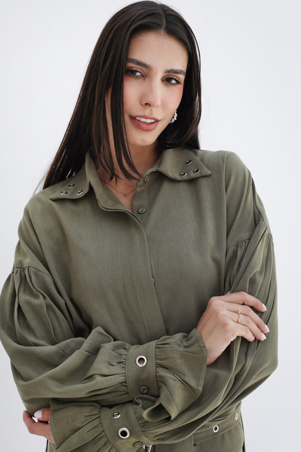 Eyelets Linen Set - Olive
