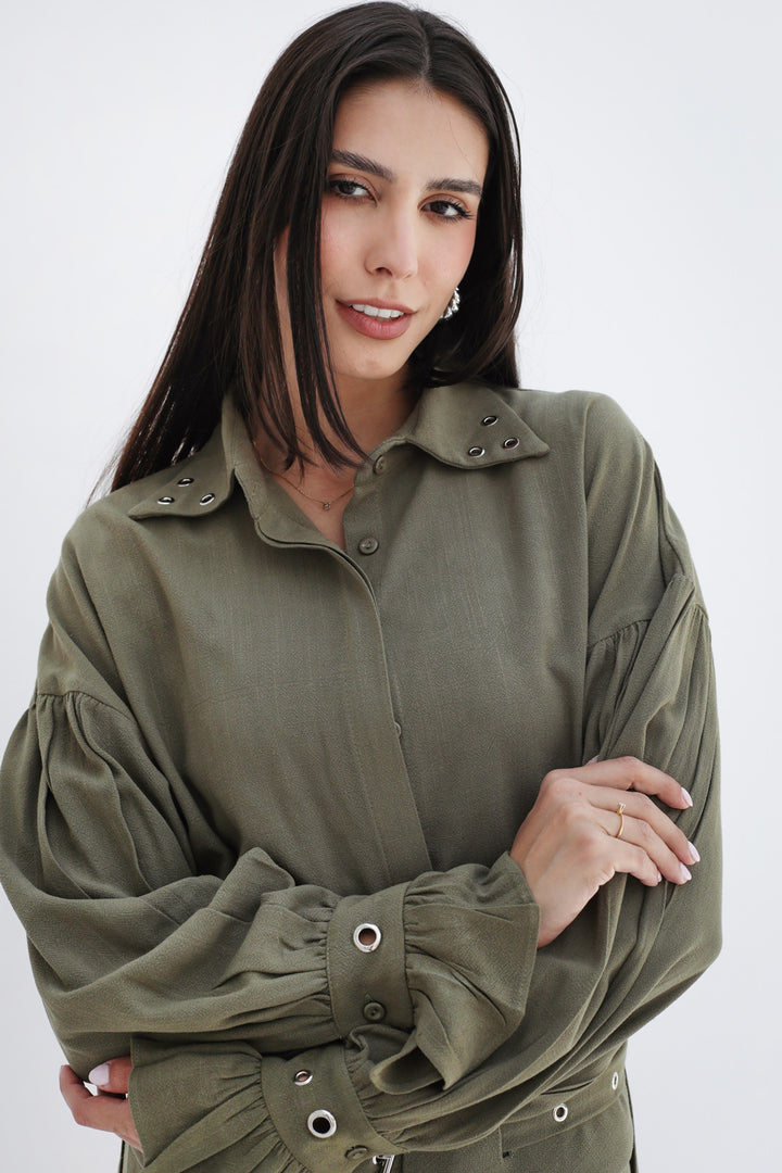 Eyelets Linen Set - Olive