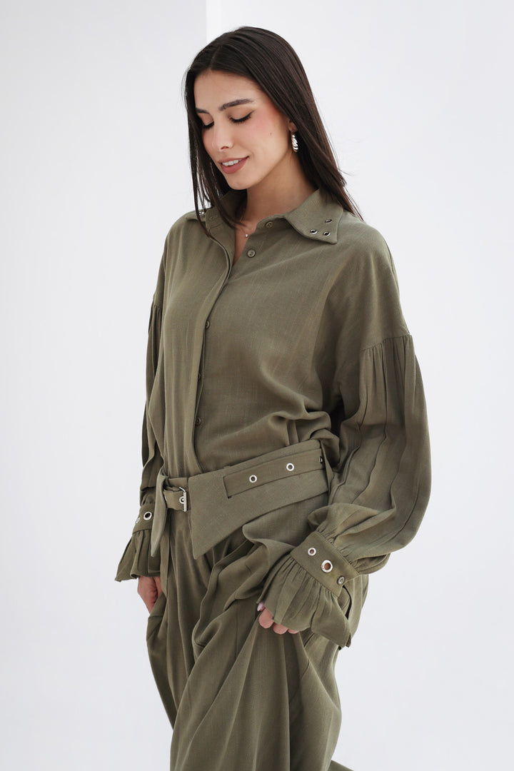 Eyelets Linen Set - Olive