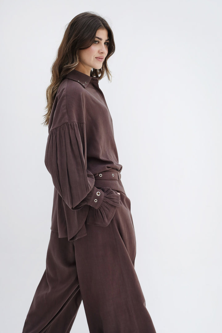 Eyelets Linen Set - Brown