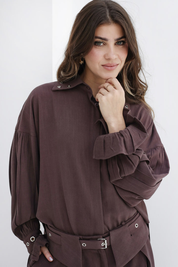Eyelets Linen Set - Brown