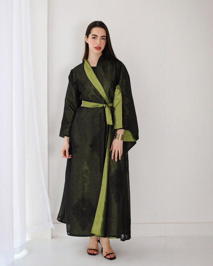 Embroidered linen kaftan dress- metallic green