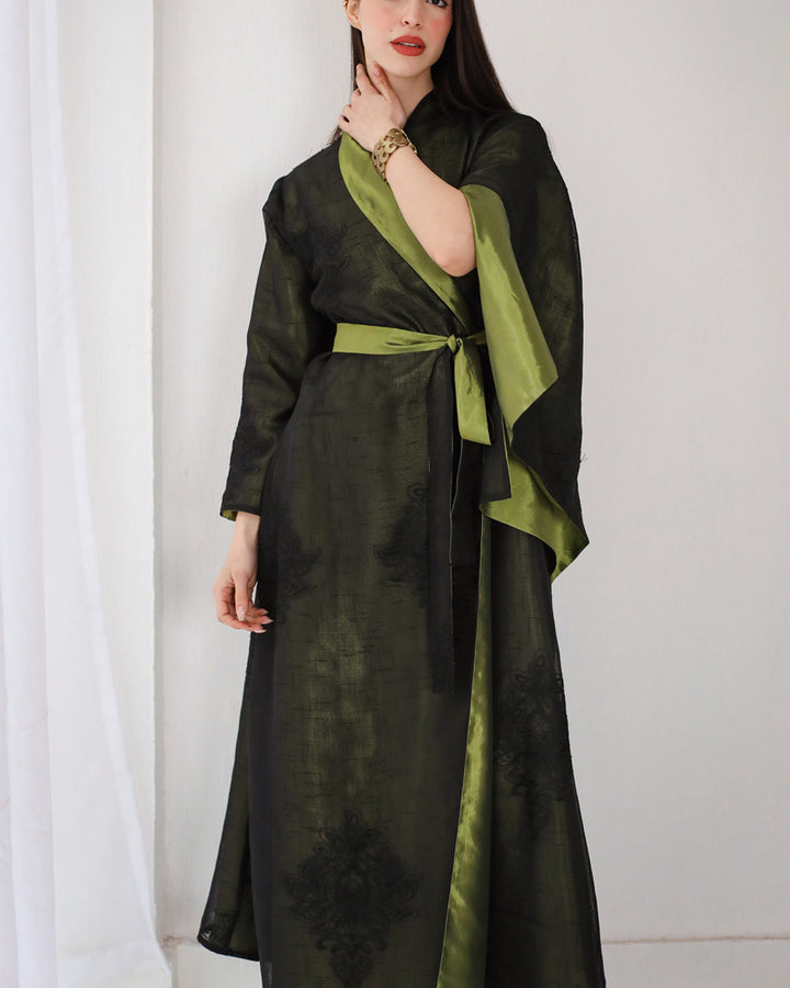 Embroidered linen kaftan dress- metallic green