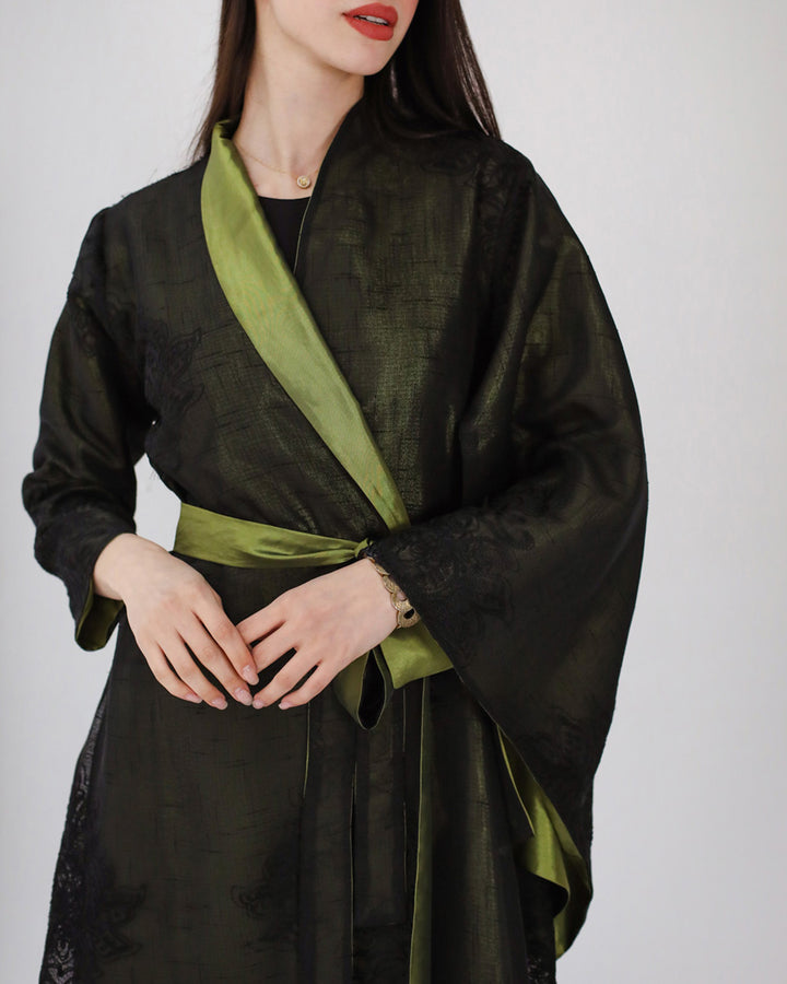 Embroidered linen kaftan dress- metallic green