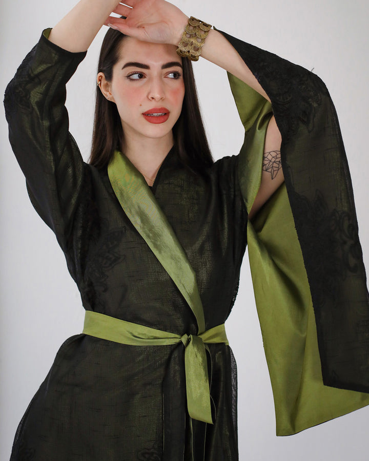 Embroidered linen kaftan dress- metallic green