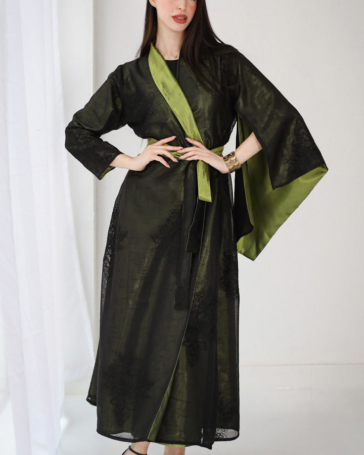 Embroidered linen kaftan dress- metallic green