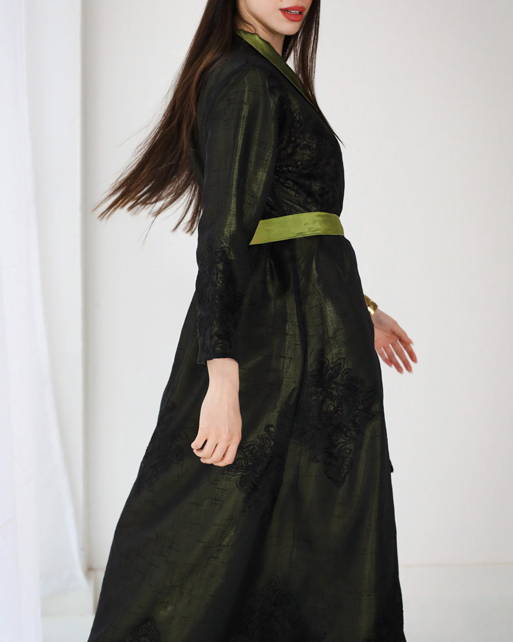 Embroidered linen kaftan dress- metallic green