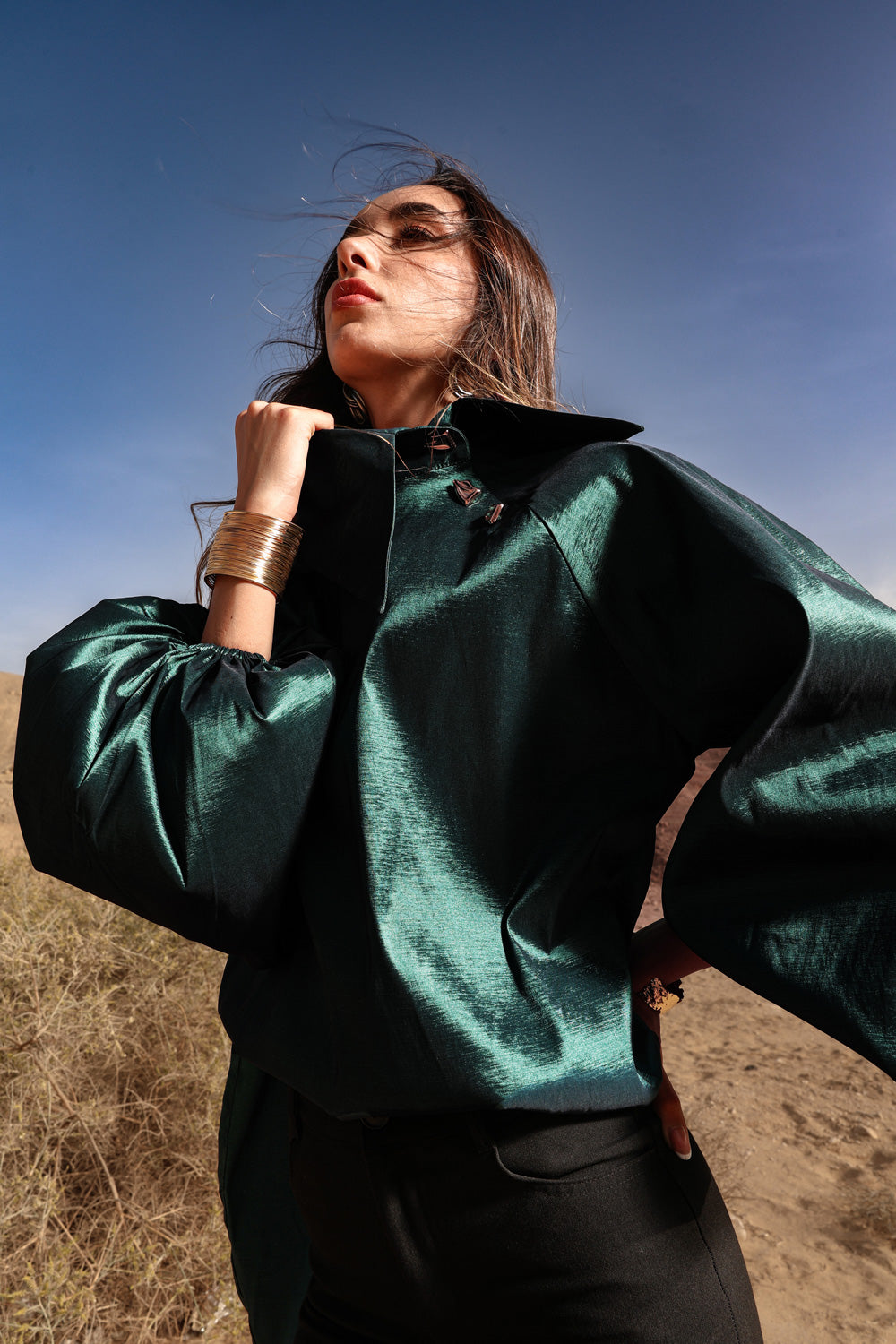 Side Collar Taffeta Top