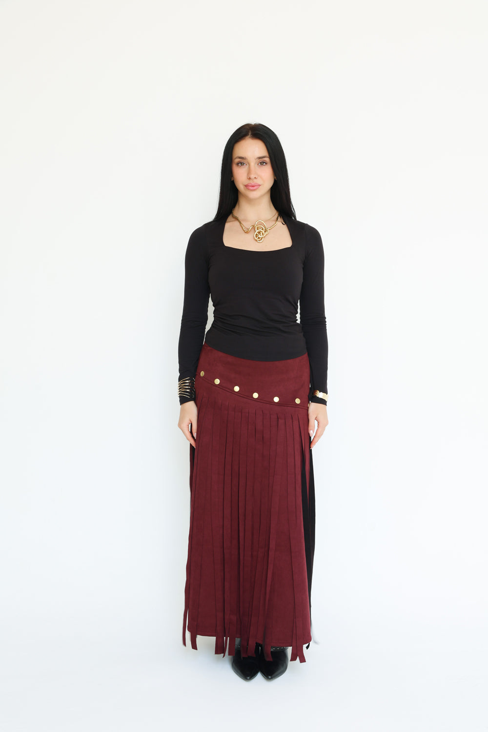 Rebel Fringes Skirt-Burgundy