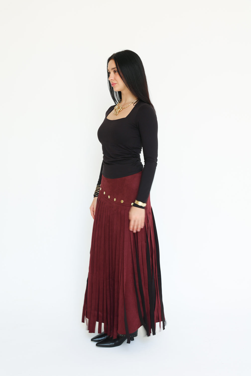 Rebel Fringes Skirt-Burgundy