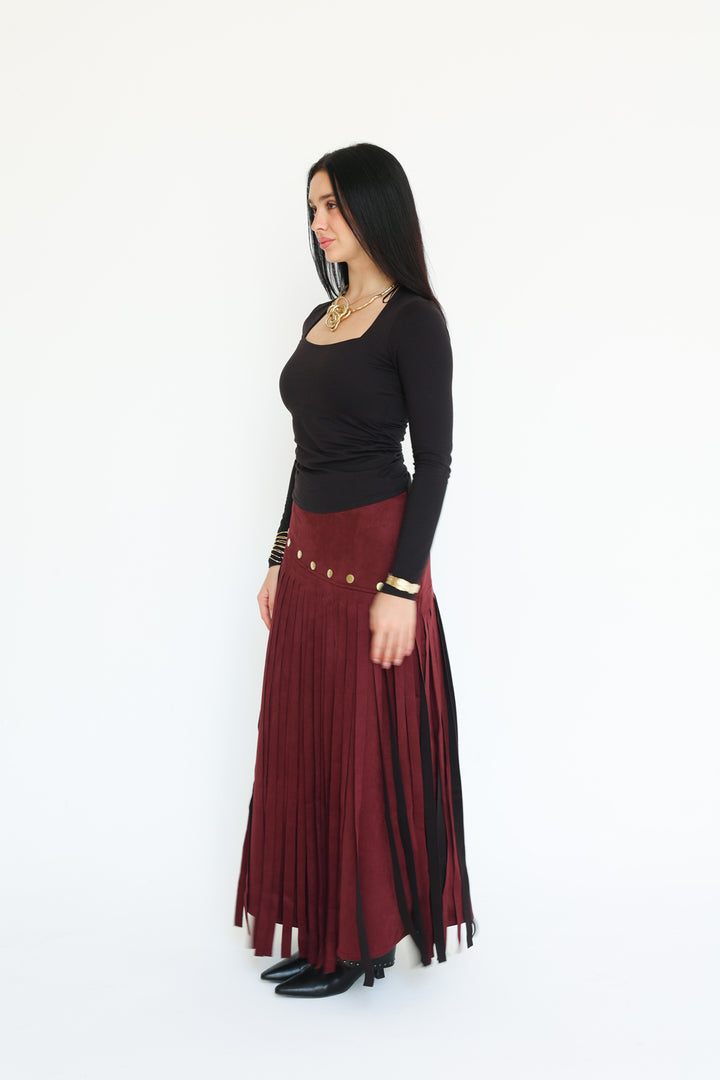 Rebel Fringes Skirt-Burgundy