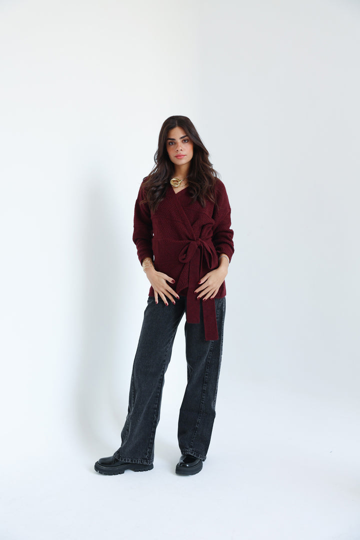 The Knitted Wrap Top - Burgundy