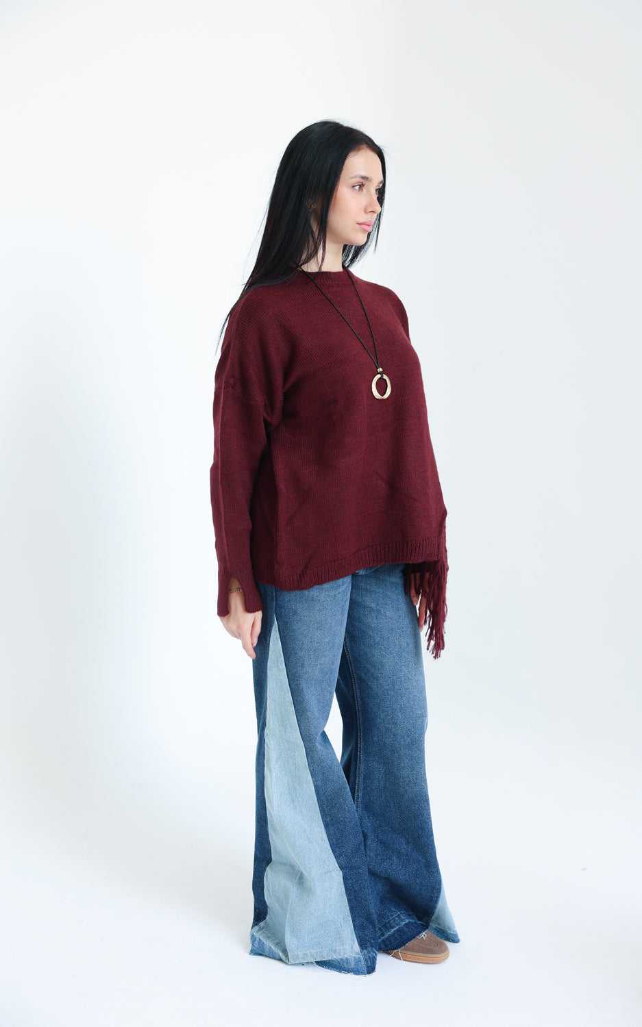 The Fringe Drift Pullover-Burgundy