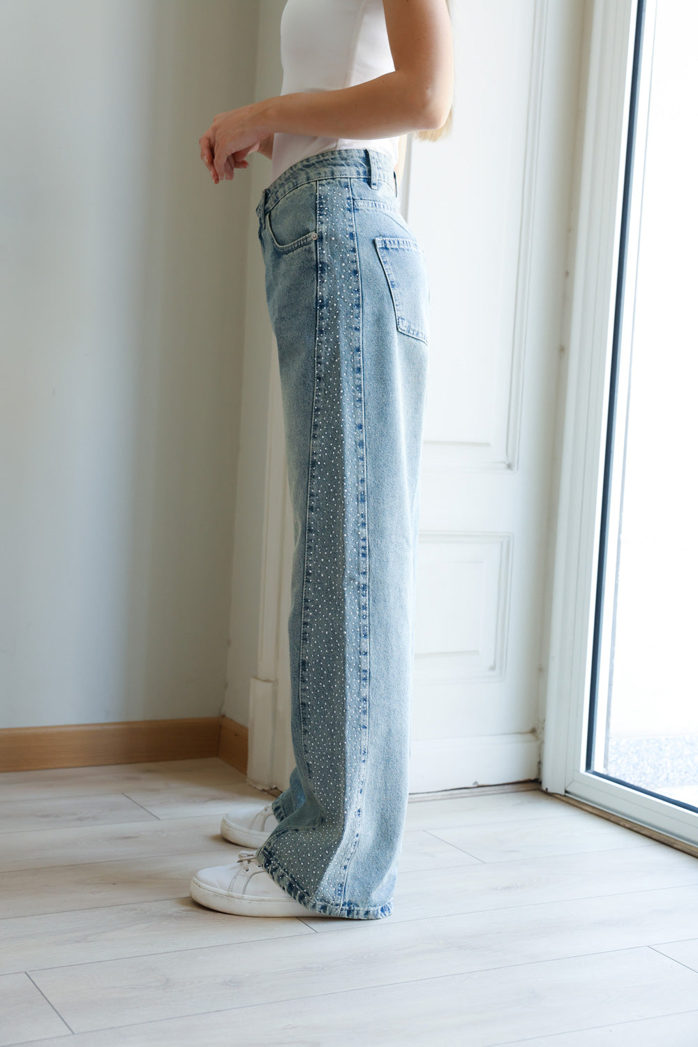 Rhinestones Straight Denim - Denim Blue