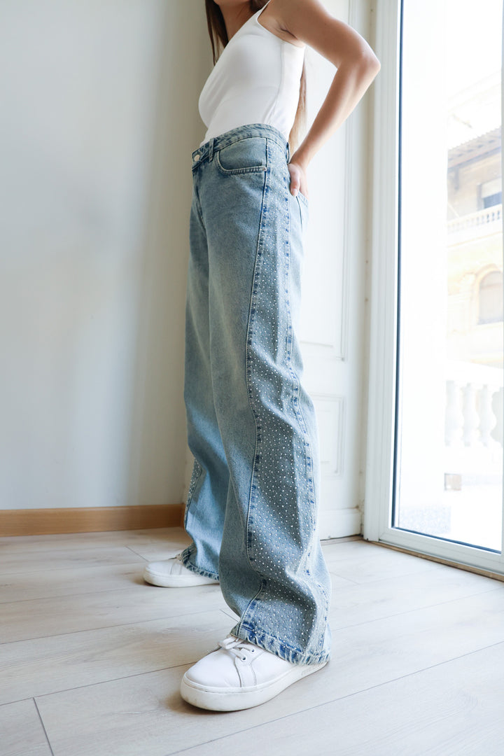 Rhinestones Straight Denim - Denim Blue