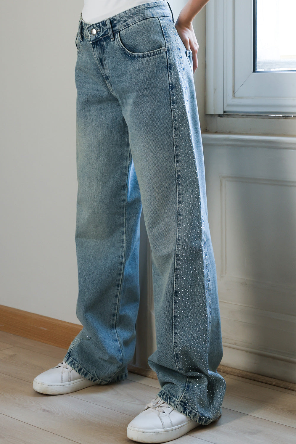 Rhinestones Straight Denim - Denim Blue