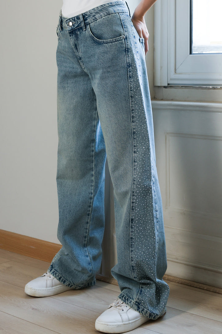Rhinestones Straight Denim - Denim Blue