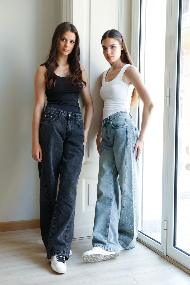 Rhinestones Straight Denim - Denim Blue