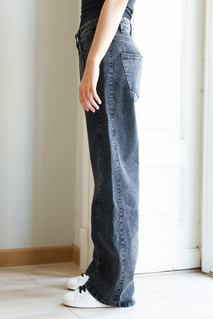 Rhinestones Straight Denim - Grey