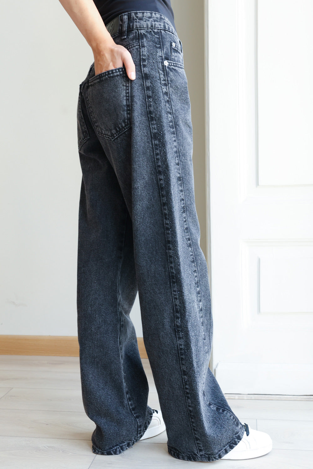 Rhinestones Straight Denim - Grey