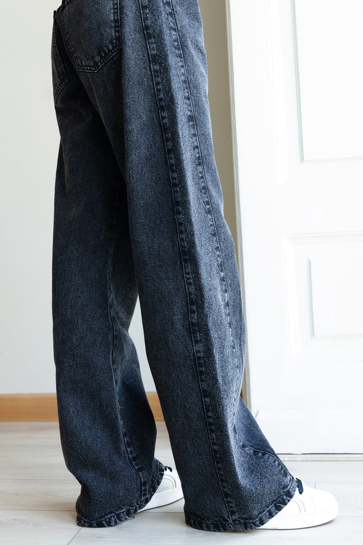 Rhinestones Straight Denim - Grey