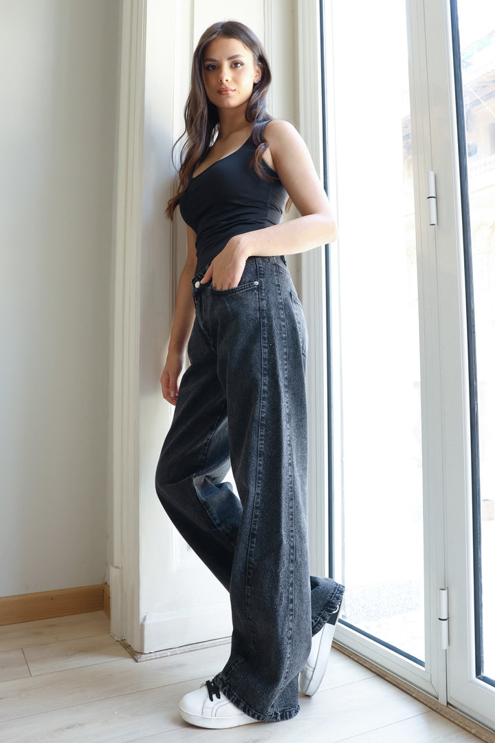 Rhinestones Straight Denim - Grey