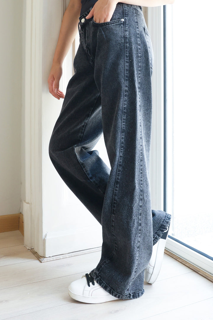 Rhinestones Straight Denim - Grey