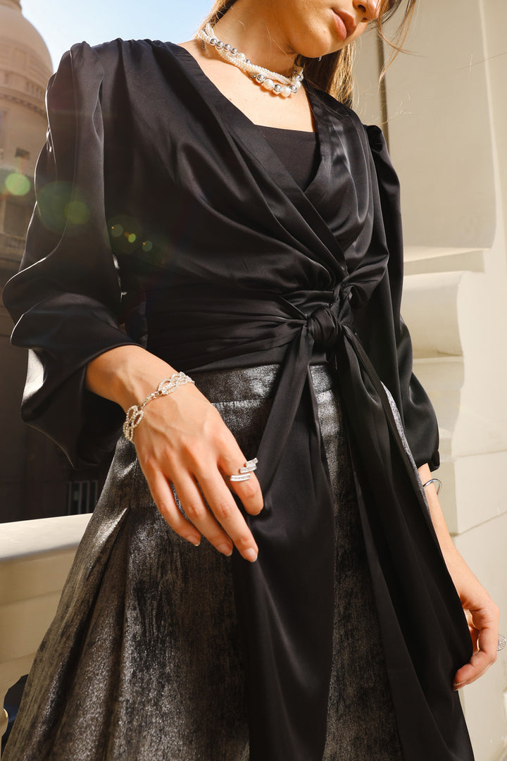 Wrapped Satin Top - Black