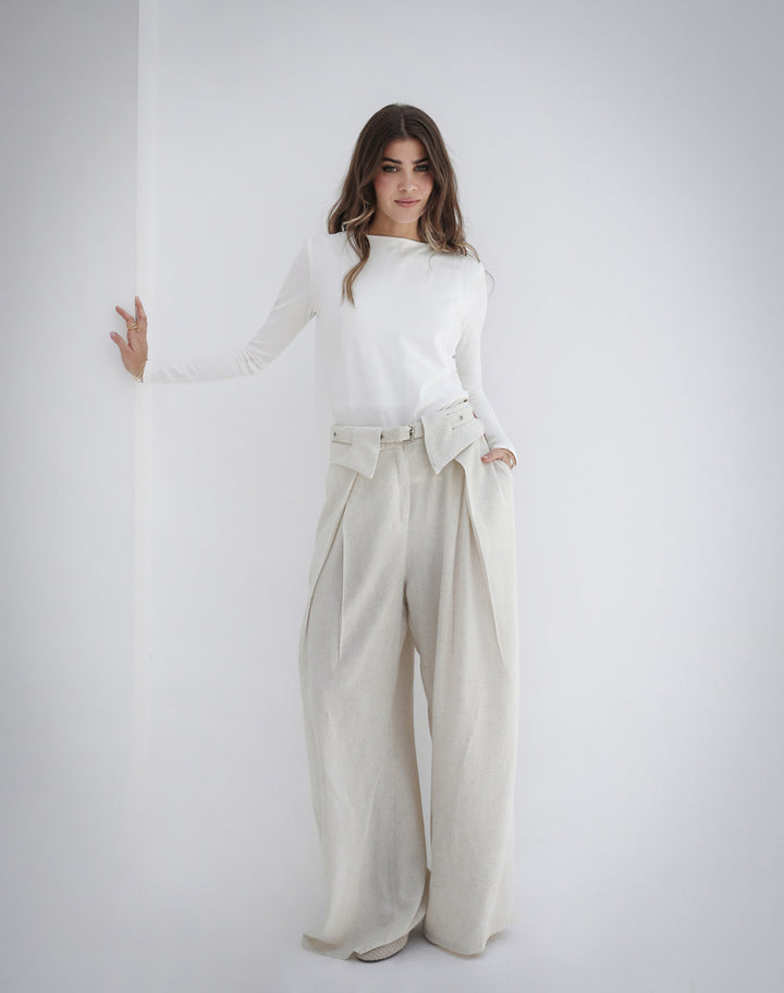 Eyelets Linen Pants -Beige