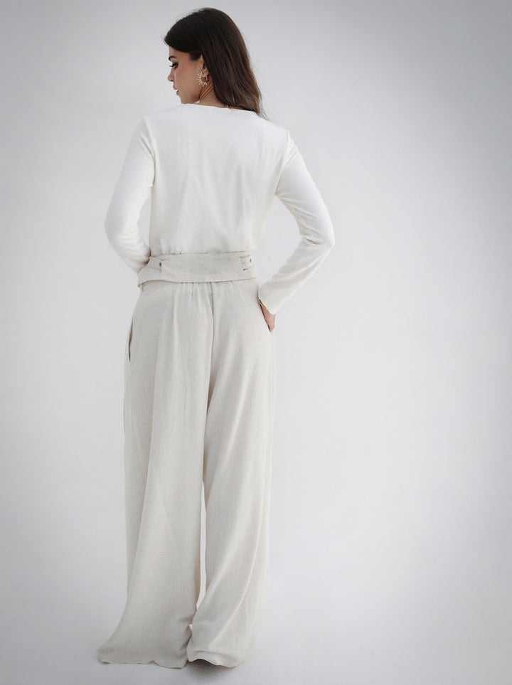 Eyelets Linen Pants -Beige