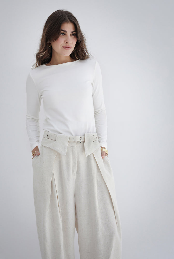 Eyelets Linen Pants -Beige