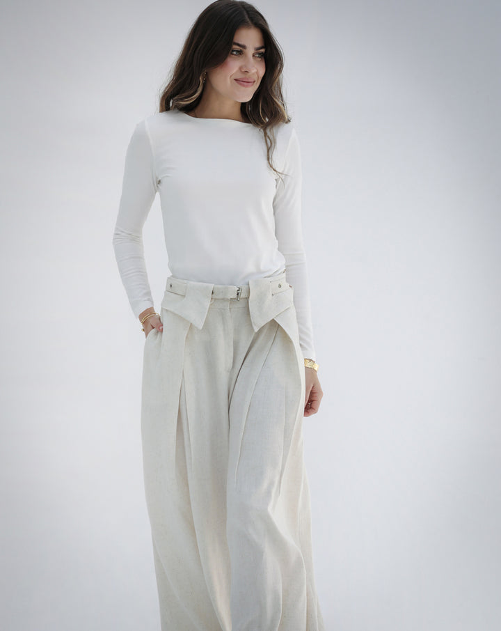 Eyelets Linen Pants -Beige