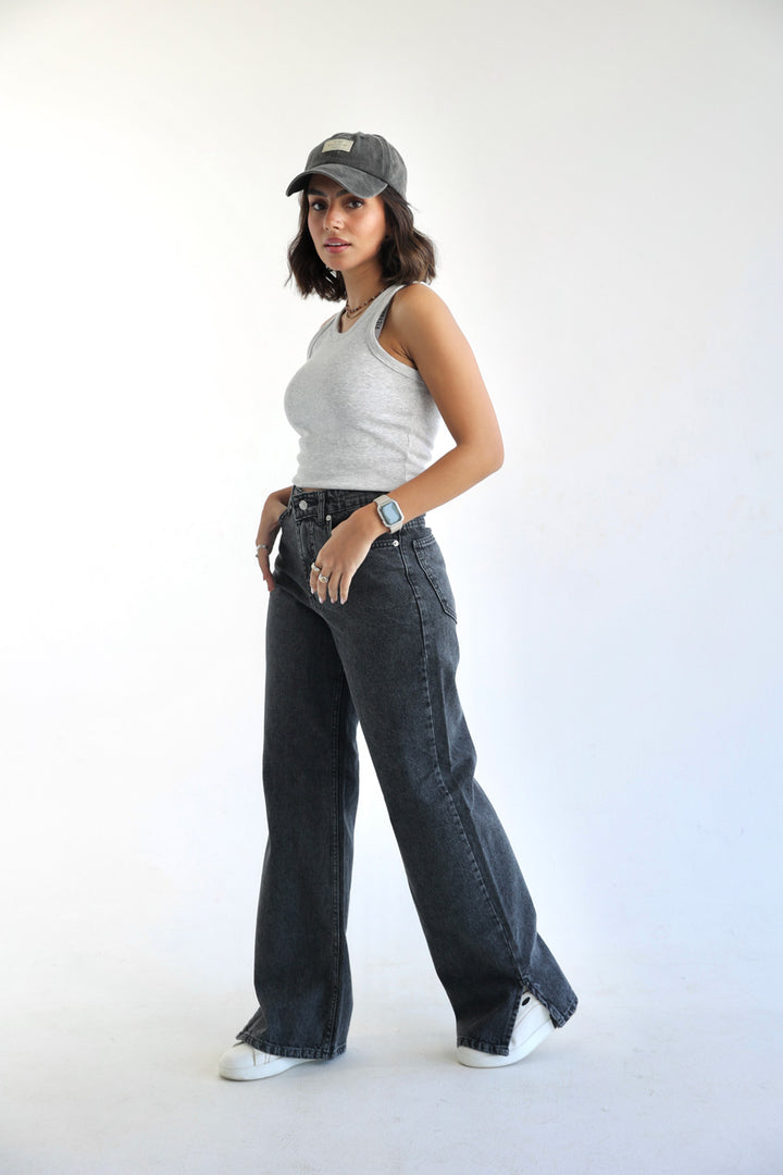 Straight Wide Leg Jeans - Dark Grey