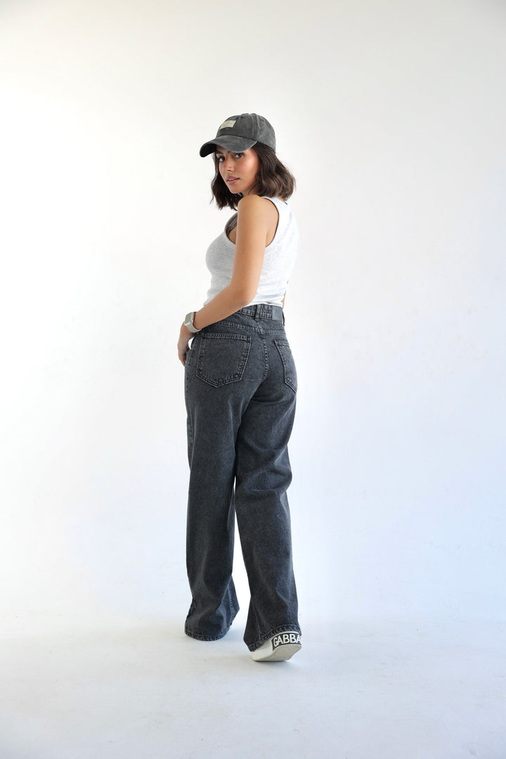 Straight Wide Leg Jeans - Dark Grey