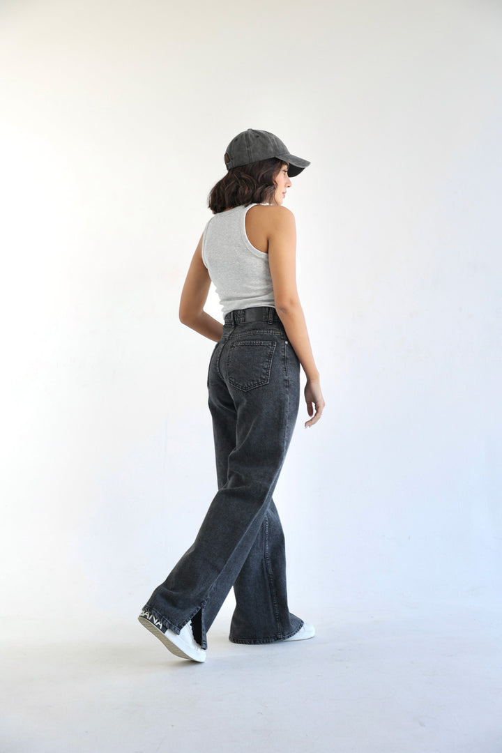 Straight Wide Leg Jeans - Dark Grey