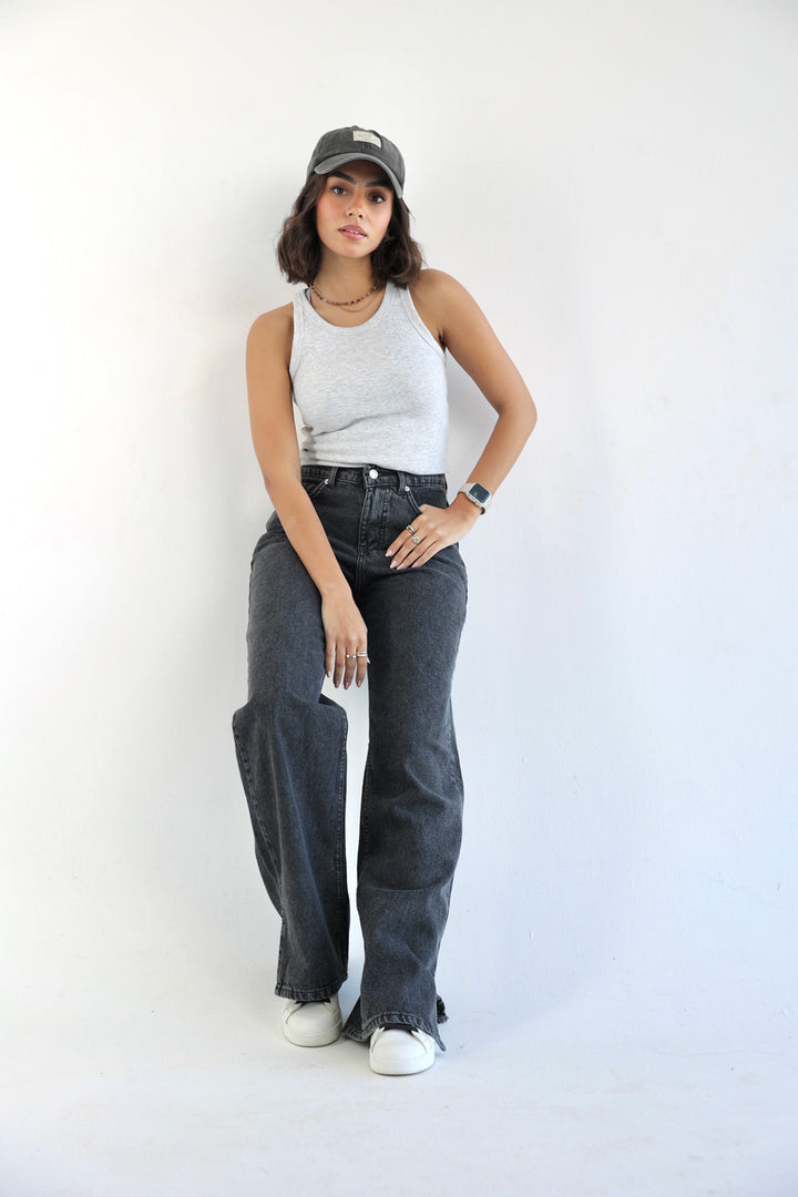 Straight Wide Leg Jeans - Dark Grey